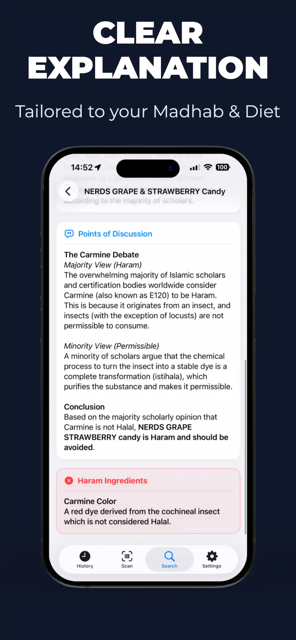 Mobile screen showing detailed Mushbooh status explanation for doubtful ingredients
