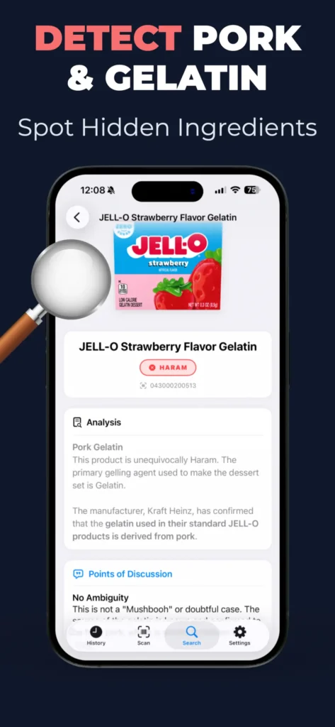 App alert detecting Haram ingredients like pork gelatin, alcohol and E120 carmine