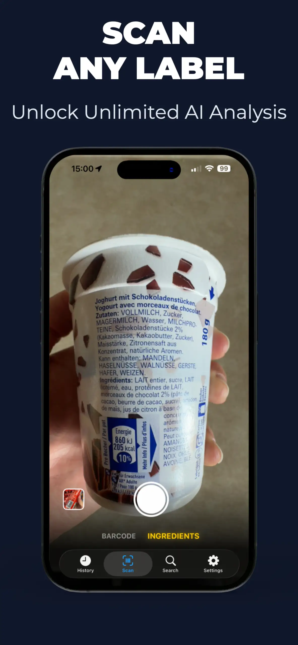 Phone camera scanning ingredient list to check for E-codes and hidden additives